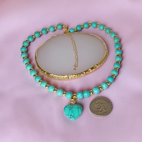 Gold Turqouise Beaded Heart Charm Necklace Earth Art Southwestern Cowboycore - Picture 5 of 8